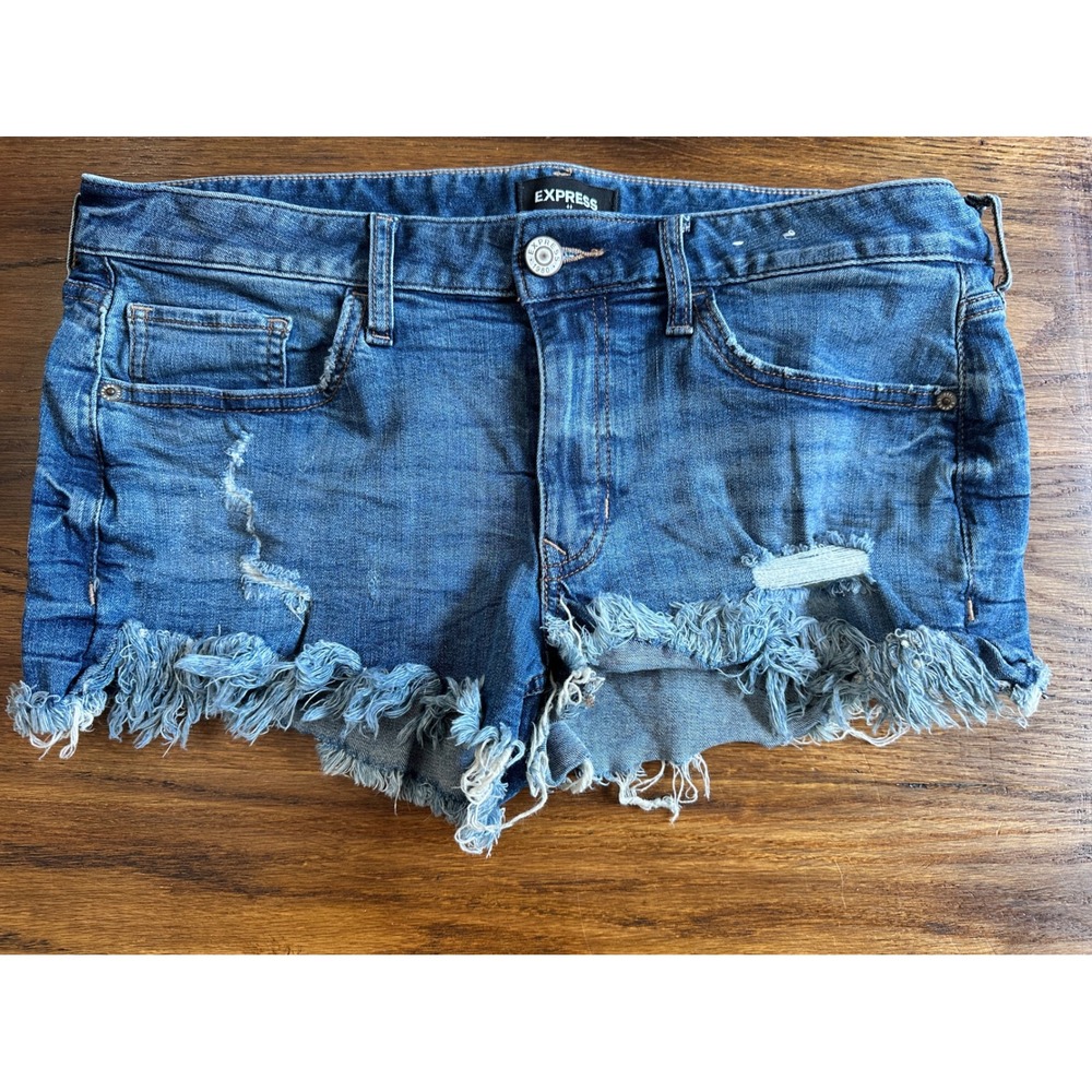 Express Shortie Low Rise Distressed Denim Shorts Blue Medium Wash Size 10